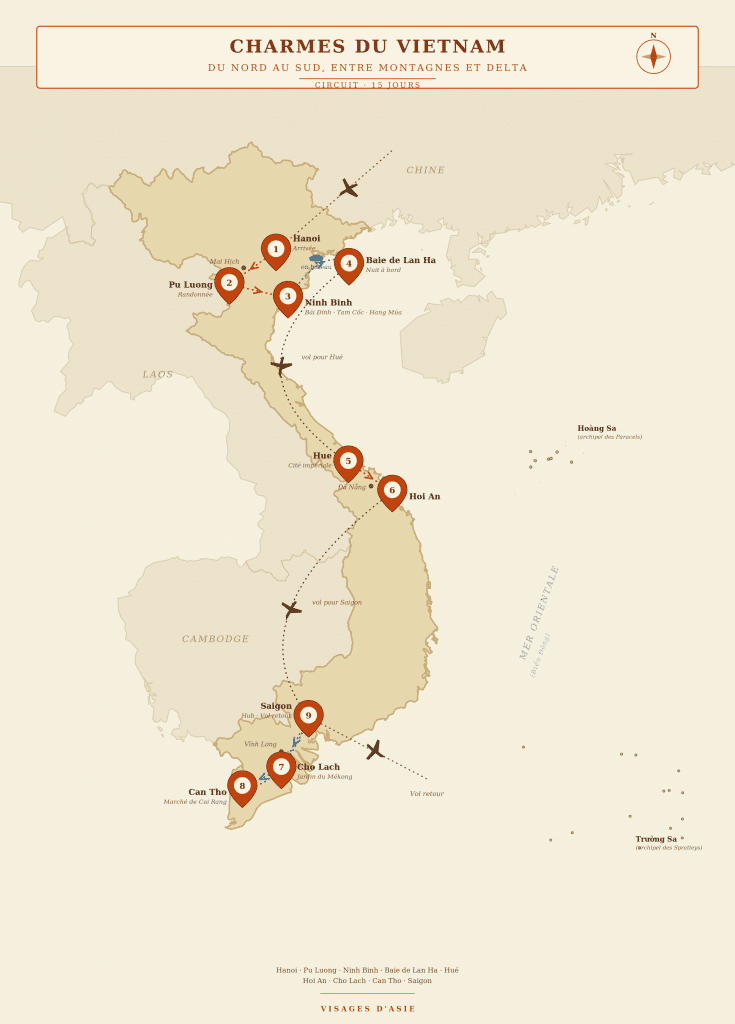 Carte de l'itinéraire Charmes du Vietnam, 15 jours du Nord au Sud