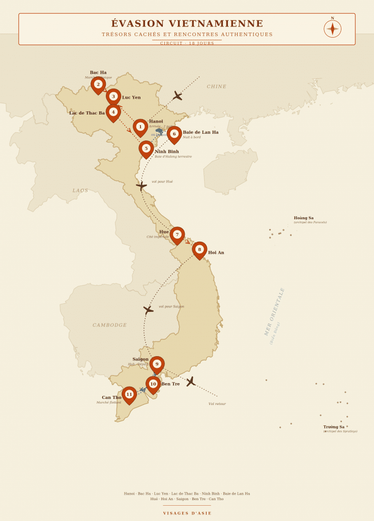 Carte du circuit Vietnam 18 jours - itinéraire de Hanoï au delta du Mékong, avec Hoàng Sa, Trường Sa et les pays voisins